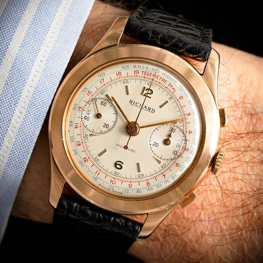Richard  Chronographe Télémètre jumbo or rose 18kts -1960-  Réf. 638491  Cal. Valjoux 23  -1960-
