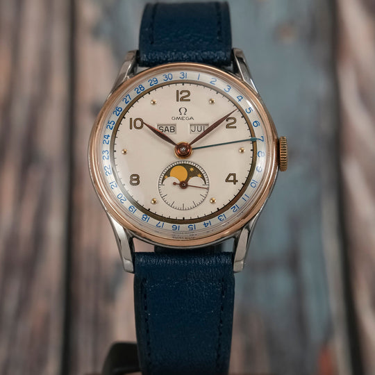 Omega Cosmic Triple Date Phase de Lune acier & Or rose 18kts -1947- Réf.2471 Cal.381 / Lemania 27 DLPC -1947-
