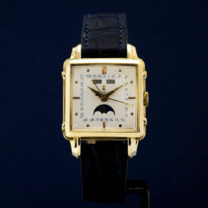 Gübelin Ipso-Matic Cioccolatone Triple date phase de lune or jaune 18kts -1950-  Réf.  Cioccolatone Astronomic  Cal. Felsa 693 Bidynator   -1950-